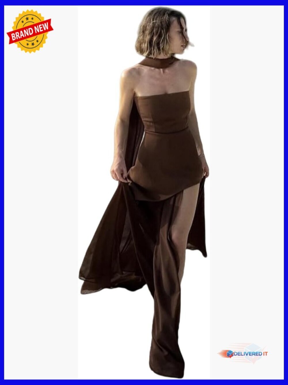 Strapless Maxi Dress with Scarf Mesh Backless Split Formal Evening Gown